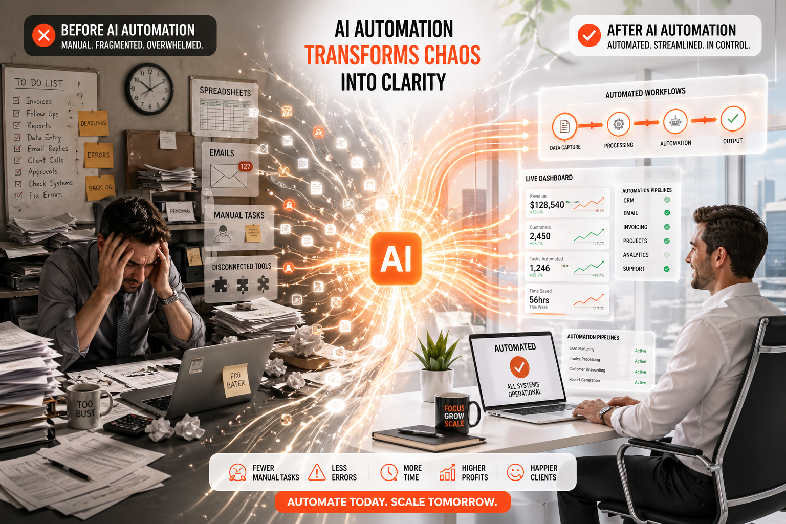 Before AI automation: manual, fragmented, overwhelmed. After AI automation: automated, streamlined, in control.