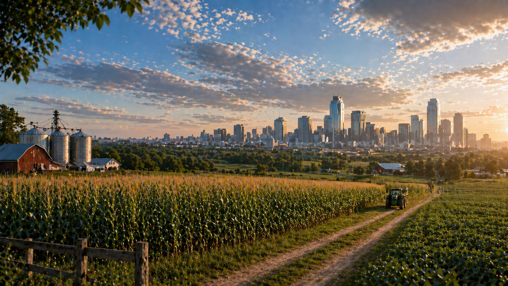 Farmland and a city skyline, connecting field operations with the front office